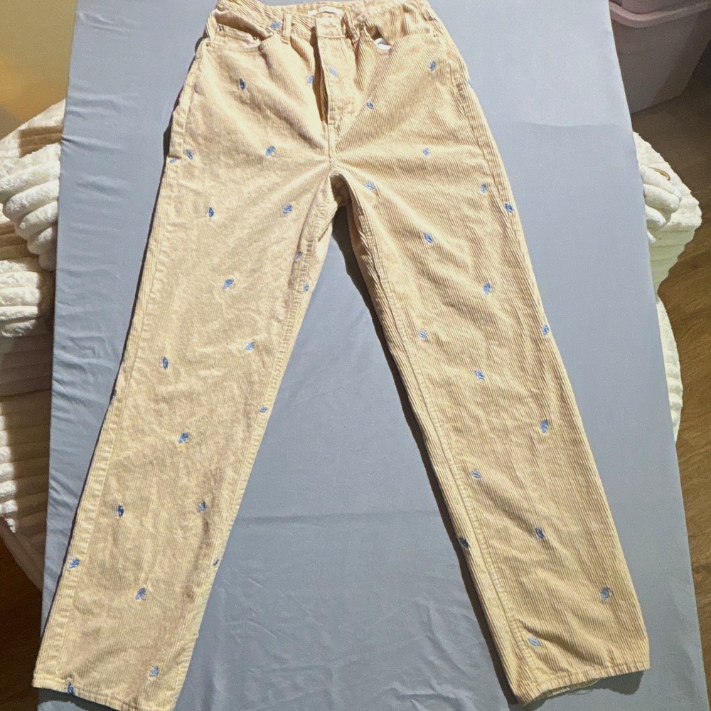 PacSun 90s Boyfriend Corduroy Pants Tan Blue Butterfly Embroidered Size 29